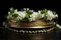 Garland of jasmine and flowers on a golden tray Royalty Free Stock Photo