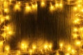 Garland Lights Frame Wood, Wooden Board, Holiday Yellow Light Royalty Free Stock Photo