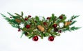 The garland is made of fir and juniper branches, fir and pine cones, red berries, wooden snowflakes, red stars, balls and bells on Royalty Free Stock Photo