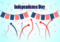 Garland in patriotic colors of american flag for an Independence Day. Background with fireworks and stars. Royalty Free Stock Photo