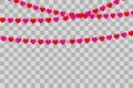 Garland of red and pink hearts on a transparent background. Valentines day, weddings and other saints. Vector