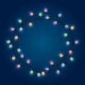 Garland round frame from glowing bulb, decorative colored light garland, place for text from shining lamps, lighting