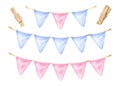 Garland Set Watercolor illustration. Hand drawn clip art on white isolated background. Drawing of blue and pink pennant Royalty Free Stock Photo