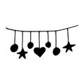 garland with stars and heart hand drawn doodle. , minimalism, monochrome. frame, border, sticker. christmas decor.