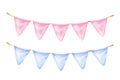 Garland vector illustration. Hand drawn clip art of pennant on isolated background. Watercolor drawing of pink and blue Royalty Free Stock Photo