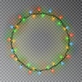 Garland wreath decorations. Christmas color lights ring with isolated shine lamps element. Glowing s Royalty Free Stock Photo