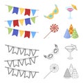 Garlands, cocktail and other accessories at the party.Party and partits set collection icons in cartoon,outline style