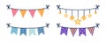 Garlands vector set. Colorful flags in various shapes hanging on a string. Textile decoration for a party, anniversary, carnival,