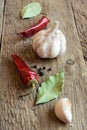 Garlic, bay leaves and peppers, spices Royalty Free Stock Photo