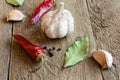 Garlic, bay leaves, peppers, spices Royalty Free Stock Photo