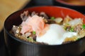 Garlic beef with rice, rice topped with beef