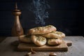 Garlic bread displayed on kitchen table, aromatic and flavorful