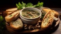 Garlic bread and mushroom soup: Toasted slices with garlic butter, perfect pair to mushroom soup