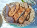 Garlic breads in the basket . Pieces of bread. Cut bread.Bread in basket . Chopped bread in the basket Royalty Free Stock Photo
