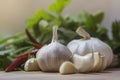 Garlic bulb portrait in kitchen.