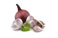 Garlic bulbs, cloves and red onion on white Royalty Free Stock Photo