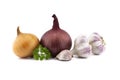 Garlic bulbs, cloves and red yellow onion on white Royalty Free Stock Photo