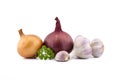 Garlic bulbs, cloves and red yellow onion on white Royalty Free Stock Photo