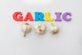 Garlic bulbs with garlic tittle on white isolated background with selective focus
