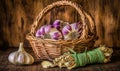 Garlic bulbs in wicker basket, dried ginger root on rustic wood table Royalty Free Stock Photo