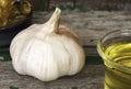 Garlic bulbs on wooden background Royalty Free Stock Photo