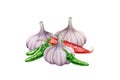 Garlic, chili, jalapeno group watercolor illustration. Hand drawn close up fresh spicy organic vegetables.