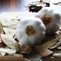 Garlic in closeup, garlic bulbs and bay leaves on the cutting board Royalty Free Stock Photo