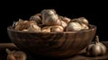 Garlic Cloves and Bulb in vintage wooden bowl, black baground, generative ai