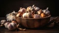 Garlic Cloves and Bulb in vintage wooden bowl, generative ai