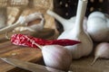 Garlic bulbs and chilli in close-up on sack cloth Royalty Free Stock Photo