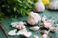 Garlic cloves and ingredients to make toum sauce or a salad dressing