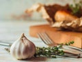 Garlic cloves on wooden vintage background roasted chicken on on background Royalty Free Stock Photo