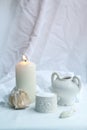 Garlic, concept of health, winter colds and treatments, winter decorations, candle, close-up, copy space