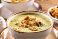 Garlic cream soup with bread croutons in rustic bowl - Close up Royalty Free Stock Photo