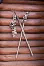 Garlic dries on the wall of a wooden house