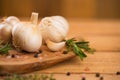 Garlic and drunkenness on a wooden background, food and cooking saver, recipe book