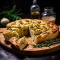 Garlic foccacia bread with rosemary. Freshly baked garlic foccacia bread, olive oil and herbs