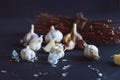 Garlic on a foreground, with wooden sticks. Royalty Free Stock Photo