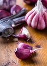 Garlic. Fresh garlic. Red garlic. Garlic press. Violet garlic.Garlic background. garlic bulbs Royalty Free Stock Photo