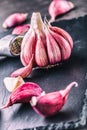 Garlic. Fresh garlic. Red garlic. Garlic press. Violet garlic.Garlic background. garlic bulbs Royalty Free Stock Photo