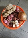 Garlic, ginger and onion in a plastic bowl