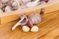 Garlic head and peeled and unpeeled cloves on wooden surface