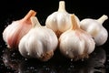 Garlic heads on black background, still life