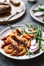 Garlic and Herby Prawn with SautÃÂ©ed Asparagus,Baby Carrot and Snap pea