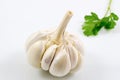 Garlic with leaves of parsley isolated on white background, Garlic and parsley leaves Royalty Free Stock Photo