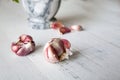 Garlic with marble mortar with parsley Royalty Free Stock Photo