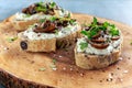 Garlic mushroom toast with creamy herbed ricotta chees spread Royalty Free Stock Photo