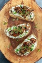 Garlic mushroom toast with creamy herbed ricotta chees spread Royalty Free Stock Photo