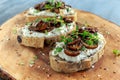 Garlic mushroom toast with creamy herbed ricotta chees spread Royalty Free Stock Photo