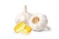 Garlic oil capsules with garlic bulb Royalty Free Stock Photo